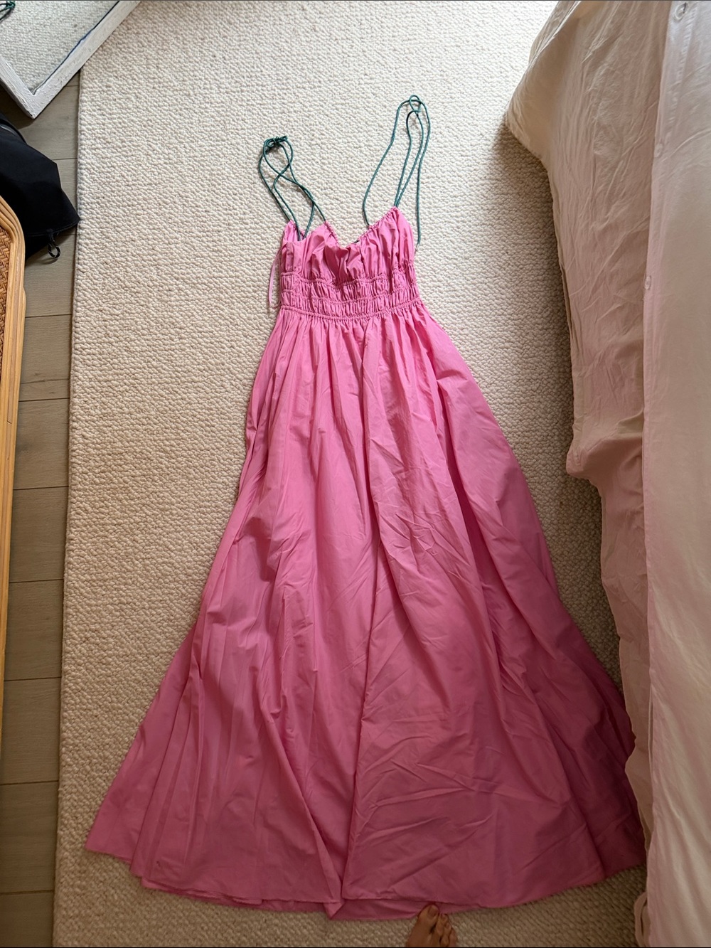 STAUD Pink Maxi Smocked Slip Dress with Green Contrast Straps